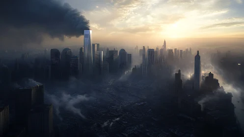 Smoldering futuristic skyline under diffuse post-apocalyptic dawn