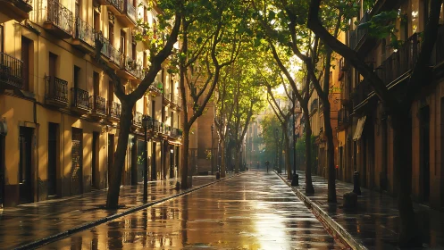 Sunlit European boulevard after rain with reflective pavement.