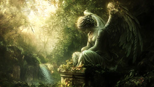 Forest angel statue dreaming in moss-touched twilight hush.
