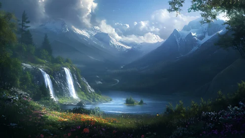 Waterfalls whisper across a starlit alpine dream valley