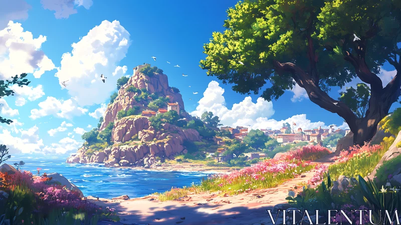 Coastal Citadel: Digital Landscape Rendering with Architectural Prominence.