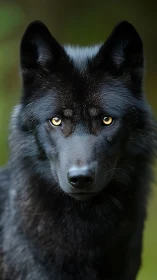Black wolf portrait shows intense golden eyes and sleek fur