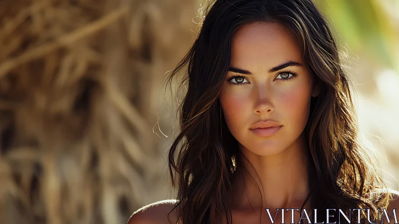 Sunlit portrait captures intense gaze with warm natural tones