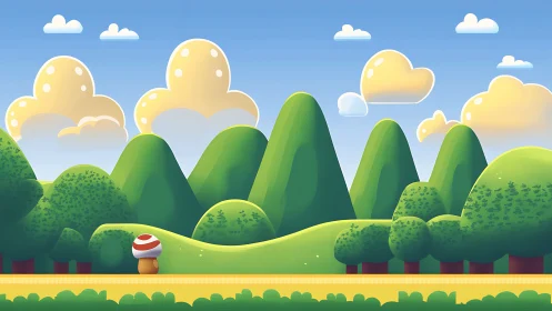 Whimsical Landscape with Mushroom Character in Stylized Natural Setting.