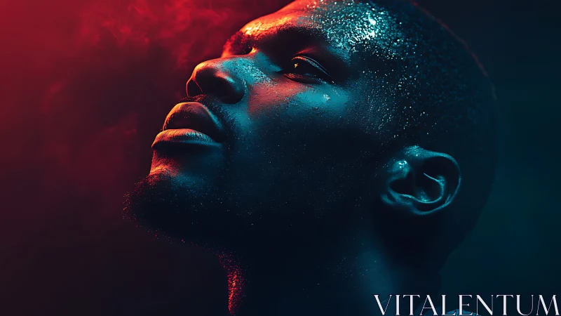 Side-lit male profile is captured under red and blue light