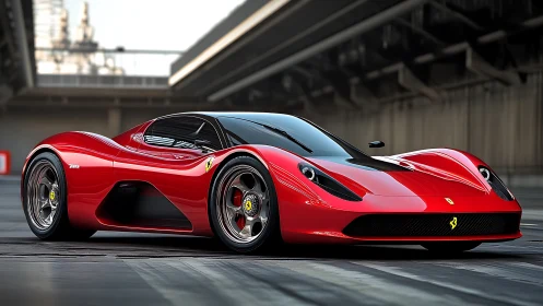 Scarlet hypercar prowls a steel tunnel of speed and light.