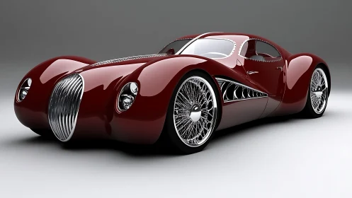 Streamlined burgundy concept car renders with retro-futurist chrome