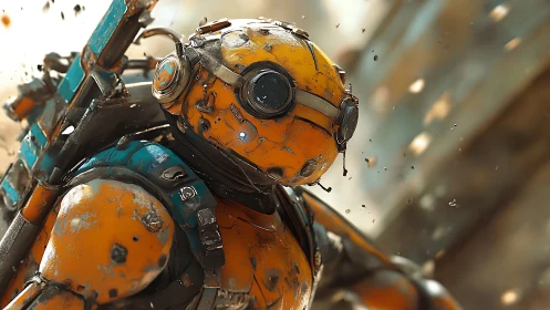 Yellow industrial robot in motion amid suspended debris