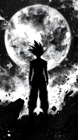 Saiyan warrior silhouette under luminous cosmic moon.