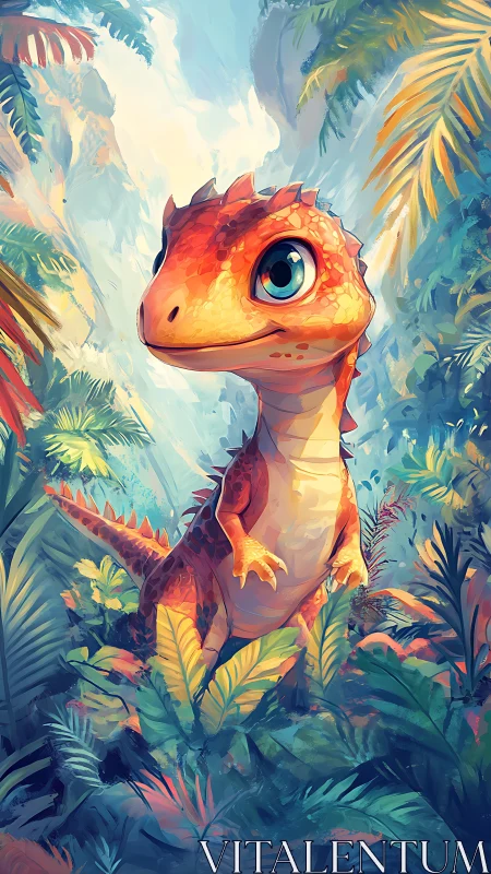 Cute orange baby dinosaur standing in lush jungle scene.
