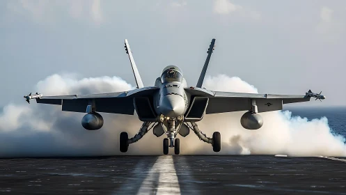 Carrier-based fighter jet accelerates on deck in dense vapor
