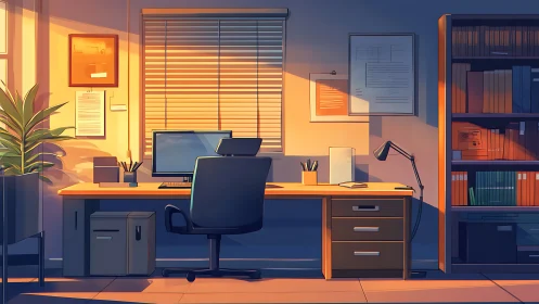 Warm sunset light over organized modern office desk.