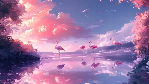 Dreamlike pink flamingos on tranquil reflective lake at dusk.