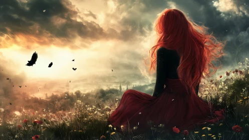 Red-haired figure overlooking stormlit valley at dusk.