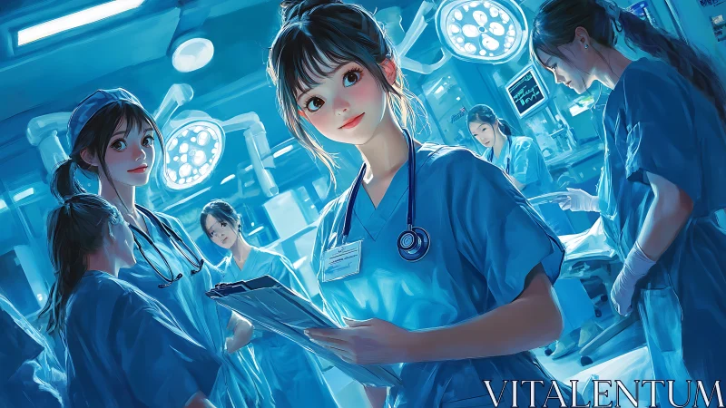 Midnight ward heroes in glow-blue anime operating theater.