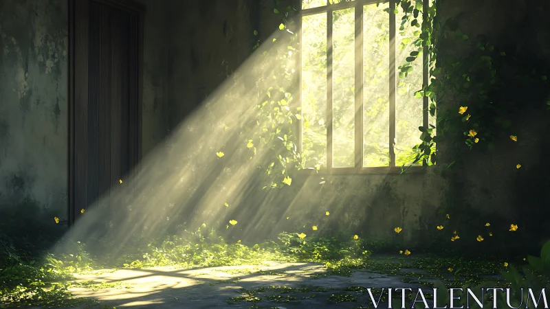Sunlit abandoned room glows as nature quietly reclaims it
