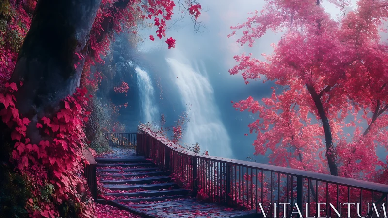 Pink forest walkway overlooking misty twin waterfalls.