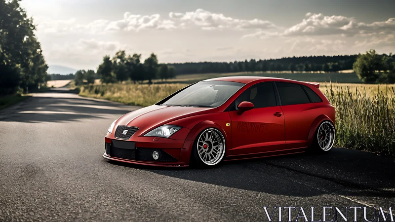 Lowered red hatchback parked on rural country road at dusk.