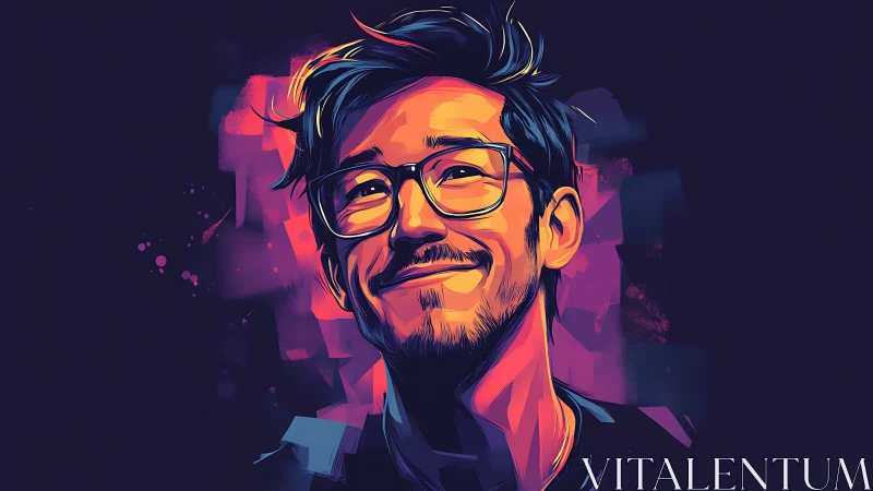 Vibrant neon portrait of a smiling man rendered in angular vectors