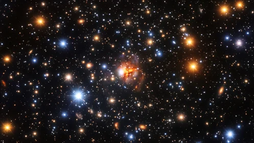 Dense starfield with central red nebular cloud in deep space.