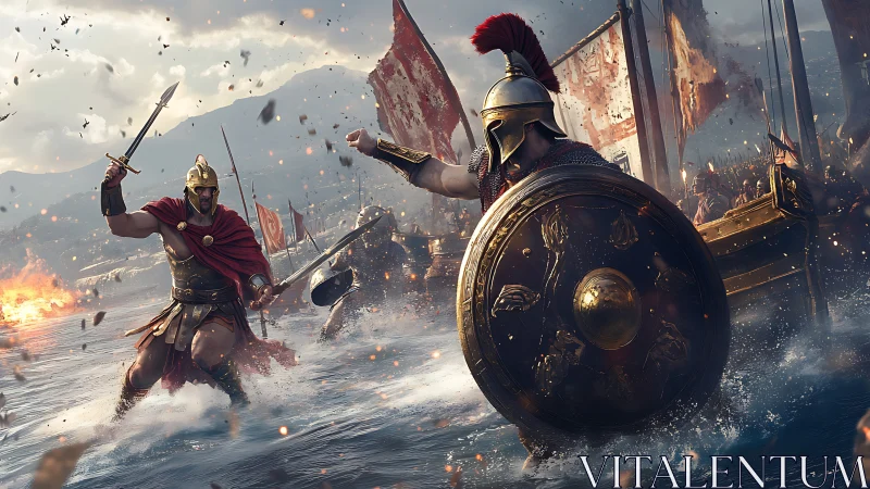 Ancient warriors clash in a stormy coastal naval battlefield
