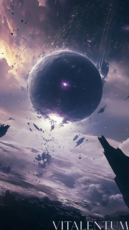 Massive dark sphere disintegrates in tilted alien sky