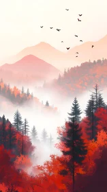Layered misty hills with red forest and distant bird silhouettes.