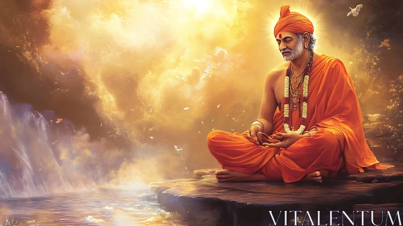 Meditating Hindu sage near waterfall under glowing sky.
