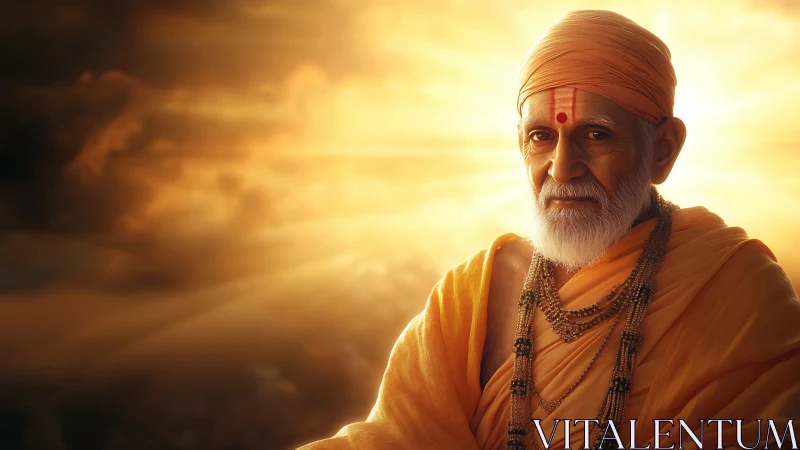 Elderly robed man before bright clouded sky at sunset.