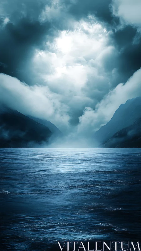 Stormlit fjord waters shimmer beneath dramatic clouds