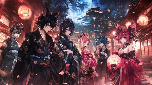 Moonlit fox spirits gather softly under glowing lanterns