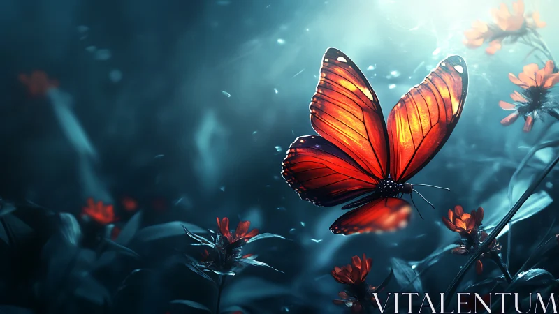 Luminous red butterfly in blue bokeh garden with backlighting