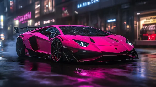 Neon magenta supercar rendered on rain-soaked cyber street.