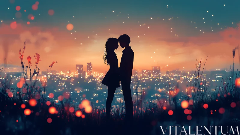 Silhouetted couple kissing above neon cityscape at dusk.