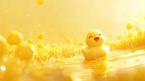 Joyful yellow duckling in glowing golden water meadow.