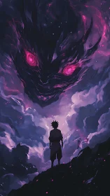 Stormlit wanderer bargains with a colossal void-eyed spirit