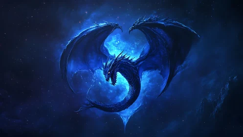 Midnight twin-headed dragon curled in cosmic blue light.