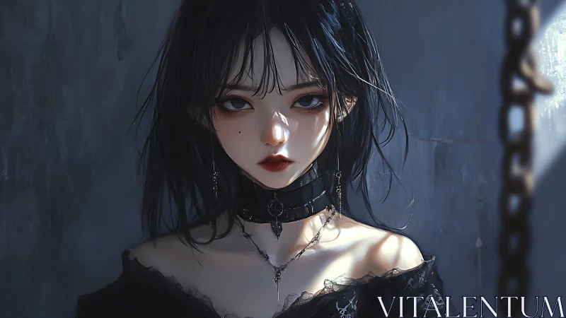 Softly lit gothic girl with midnight eyes and quiet resolve.