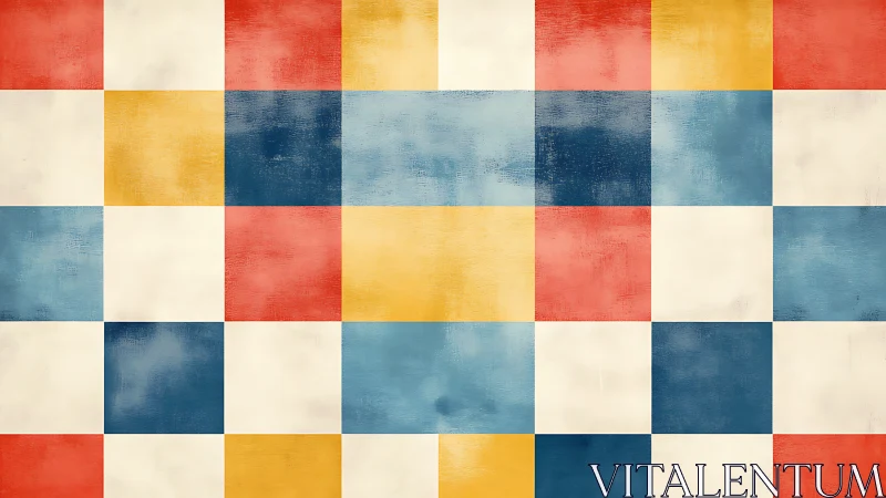 Grid of distressed colored squares forms abstract pattern