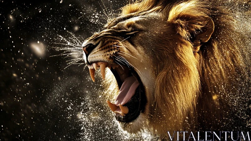 Roaring lion in high-speed particulate motion capture detail.
