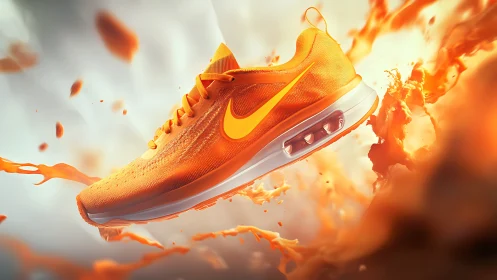Ignited orange running shoe floating in liquid energy burst.