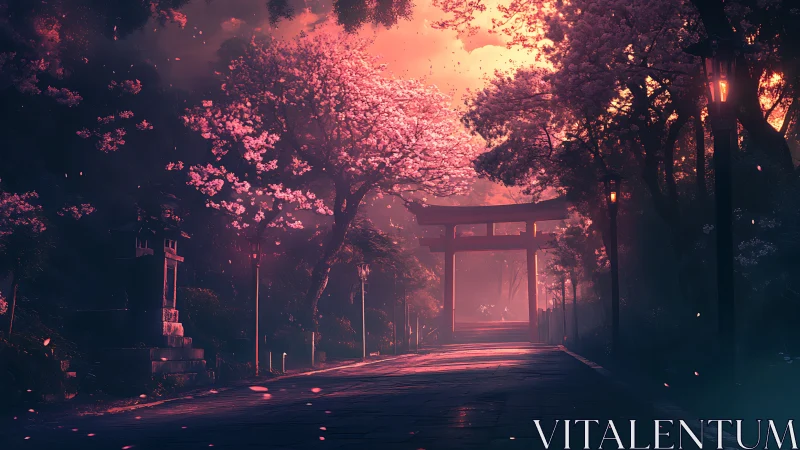 Twilight shrine path under luminous cherry blossoms glow.