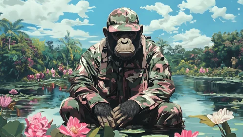 Contemplative chimp in calm jungle pond, wrapped in camo.