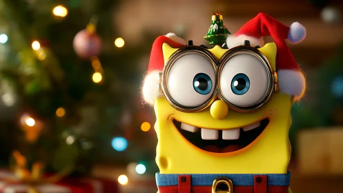 Cartoon sponge character in Christmas setting with lights.