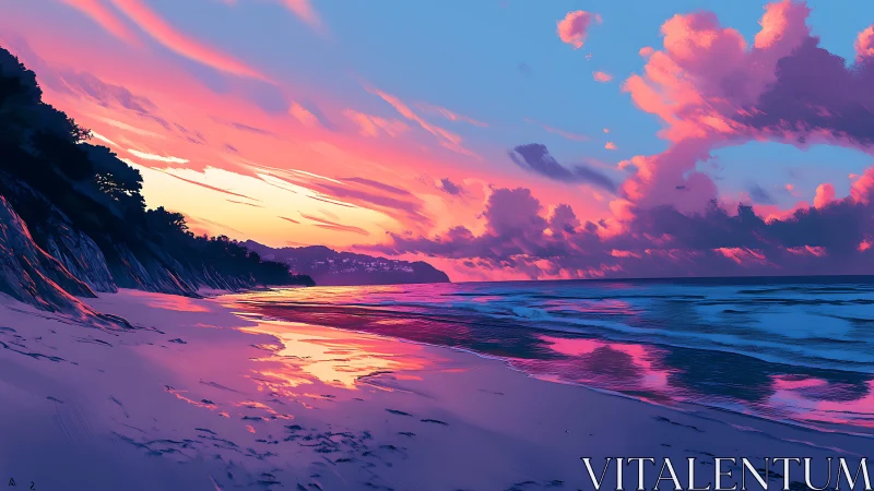 Vibrant sunset washes a quiet digital shoreline in neon hues