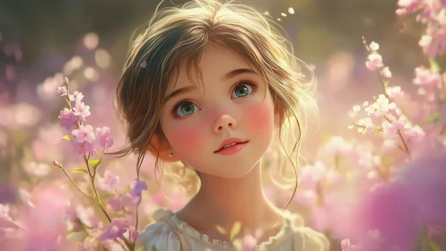 Dreamy child gazes upward amid glowing pink blossoms.