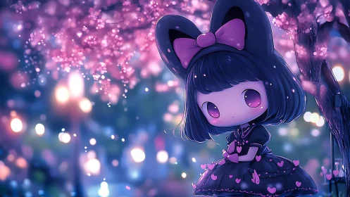 Chibi gothic girl sits under sakura bokeh in neon twilight