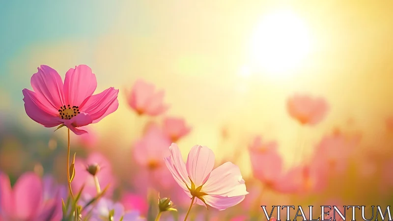 Dawn's Velvet Dancers: Cosmos Blooms Blushing Through Golden Light.