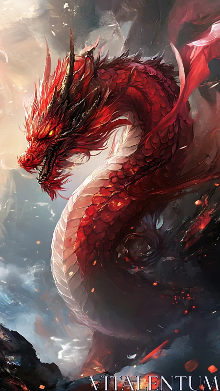 Digital painting of a coiled crimson dragon in volcanic ascent.