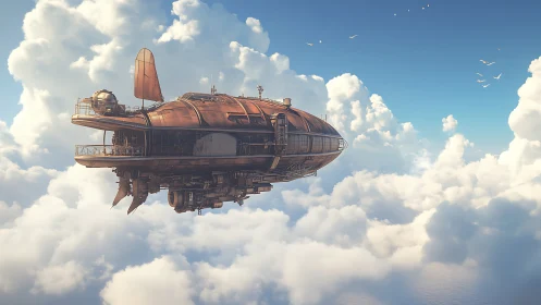 Steampunk copper airship cruising through luminous cloudscape.